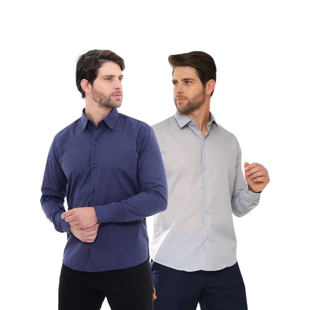 KIT Masculino 2 Peças - Camisa Social Premium Tipo Linho Azul Marinho e  Camisa Social Slim Cinza