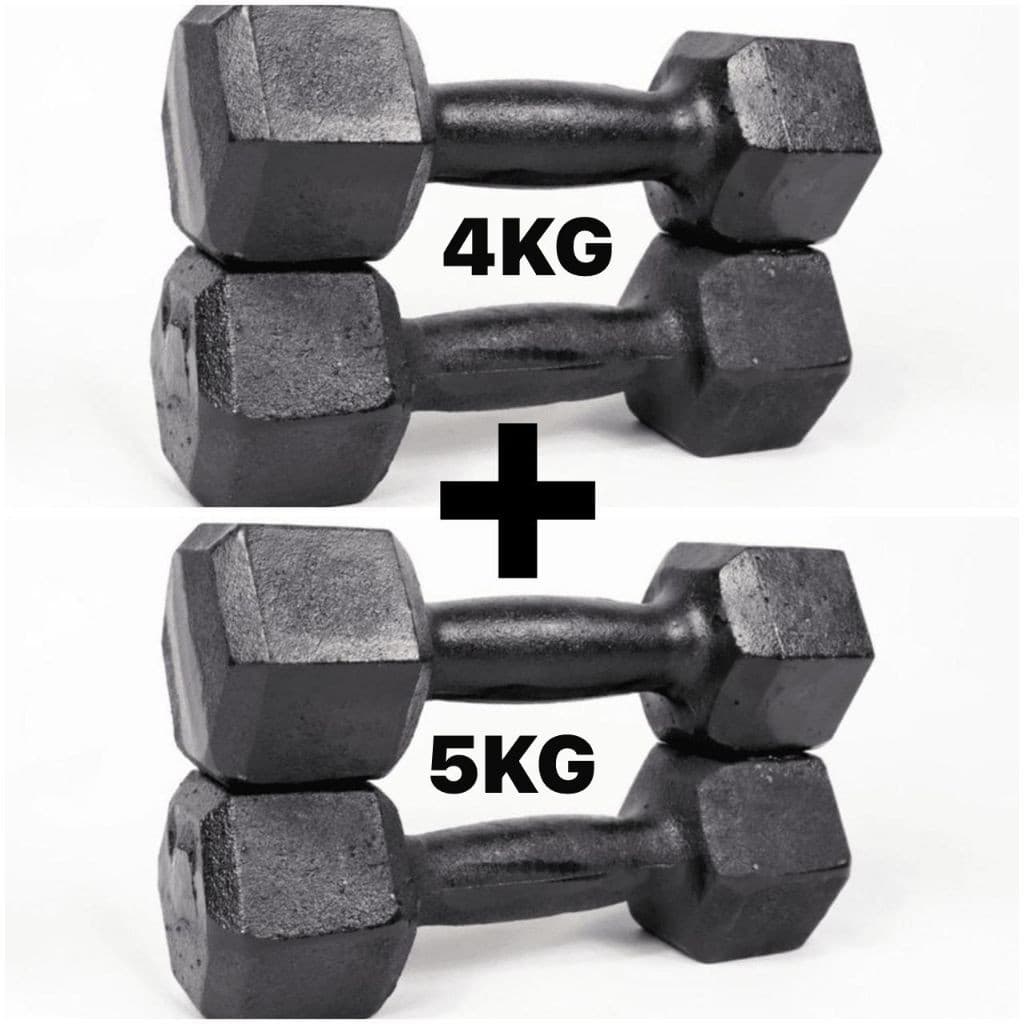 KIT 2 PARES HALTER SEXTAVADO DE 4 E 5KG FERRO FUNDIDO PARA TREINO E MUSCULAÇÃO (18KG TOTAL)