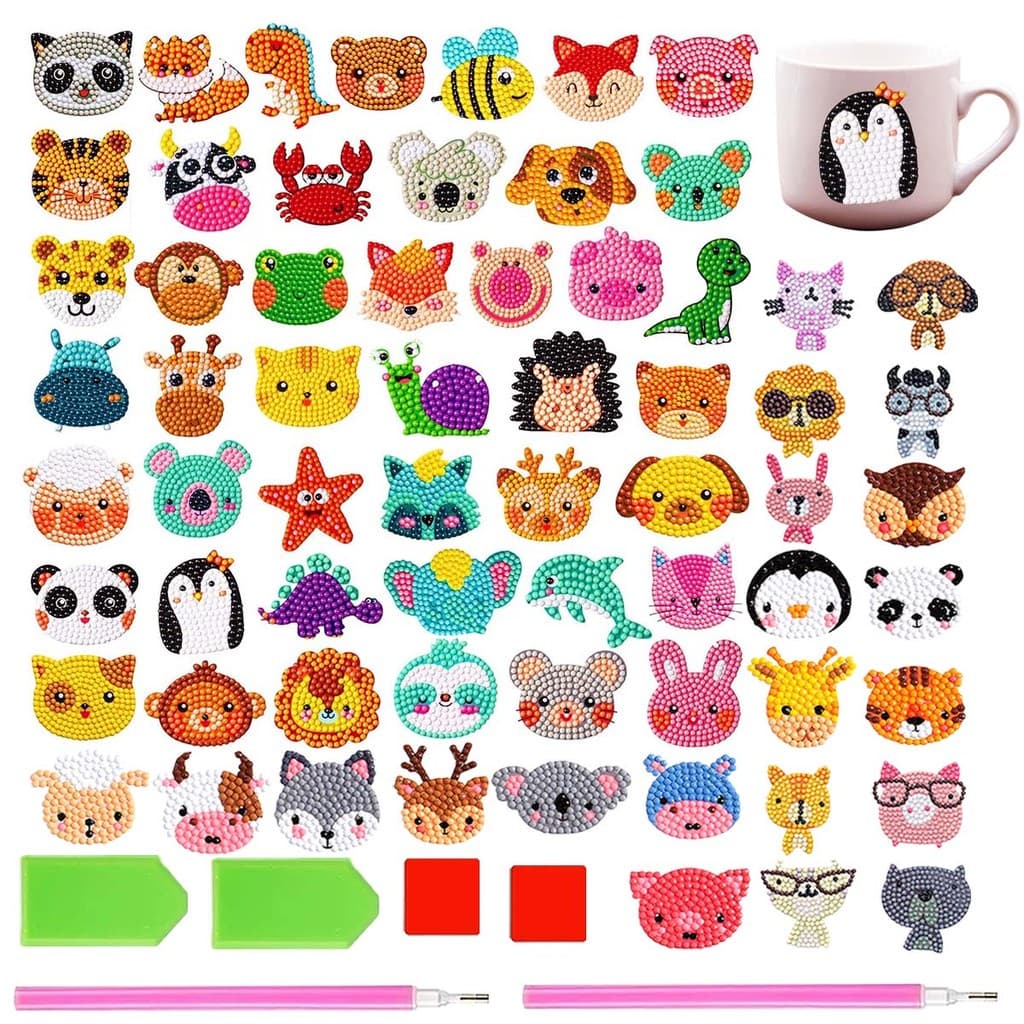 65 peças de kits de adesivos de pintura de diamante para crianças e adultos 5D Animal DIY Diamonds