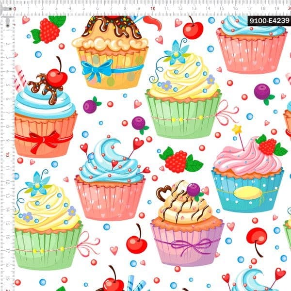 Tecido Tricoline Digital Cupcakes Confeitados Artesanato Patchwork Ateliê Pano Costura DIY