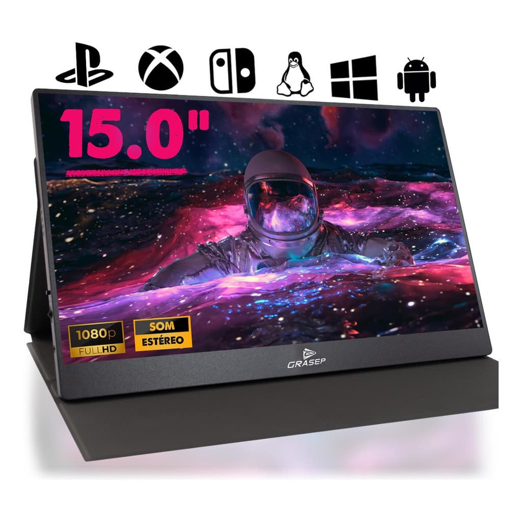 Monitor Gamer Portátil 15.0" Full HD 1080p IPS 60Hz HDMI, 2 USB-C, Som Estéreo e Capa Protetora