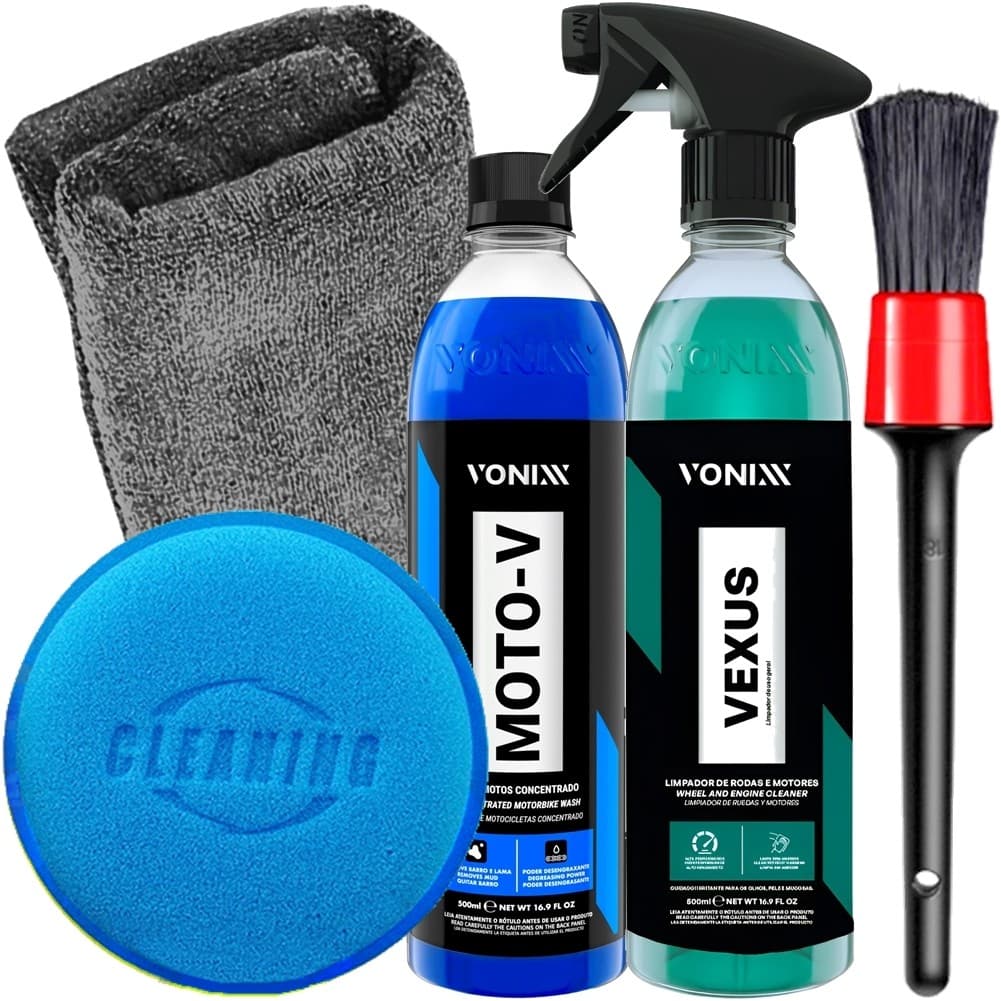 Kit Shampoo Lavagem de Moto Carro Moto-V Limpa Rodas e Motor Limpador Poderoso Vexus Vonixx e Acessórios Karbox
