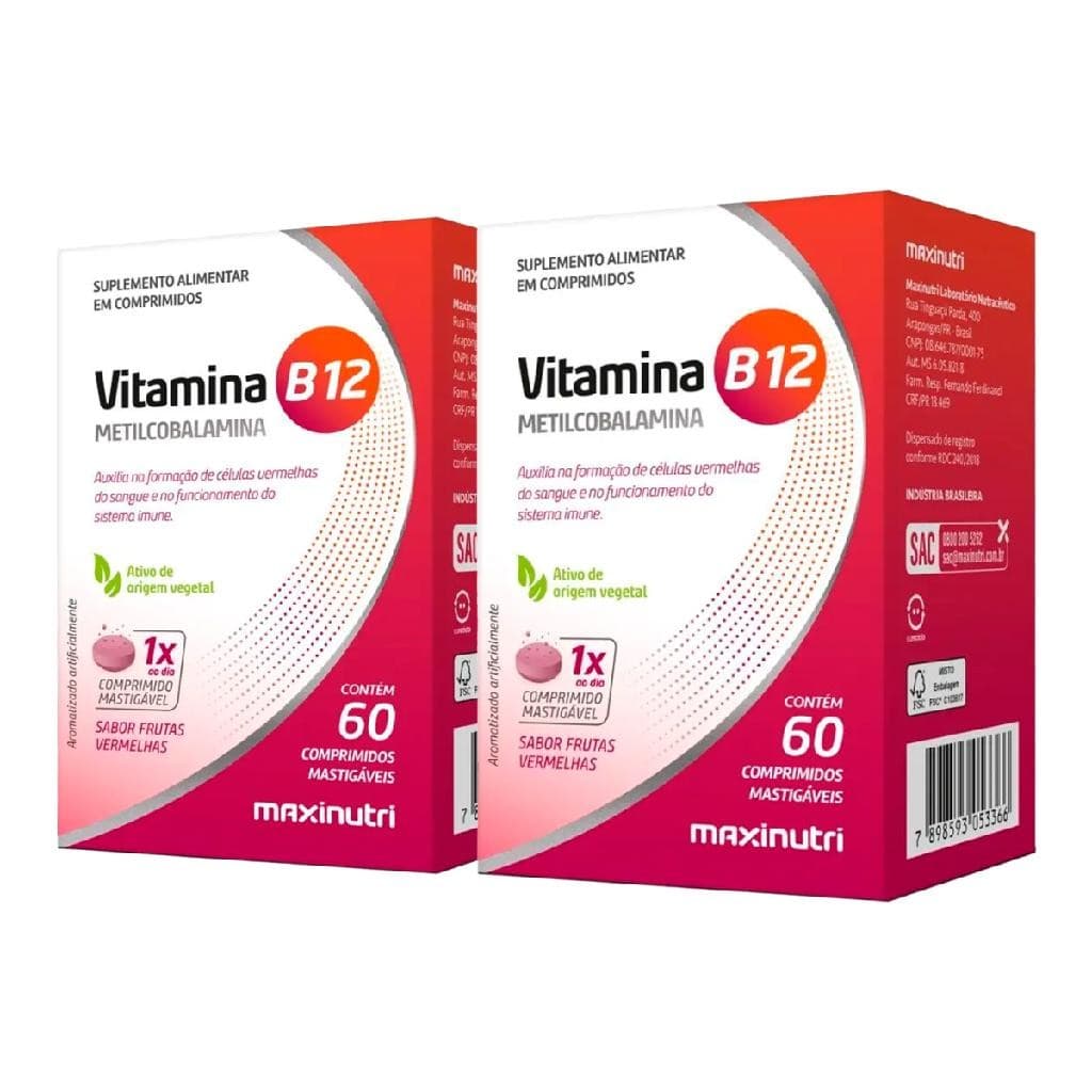 Kit 2x Vitamina B12 Metilcobalamina Mastigáveis (60 Comp) Maxinutri Sabor Vegan Frutas vermelhas