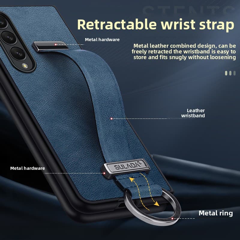 [Suporte de Pulso] Capa para celular Samsung Z Fold6, proteção de lente Fold5, capa de couro Fold4, capa de celular dobr
