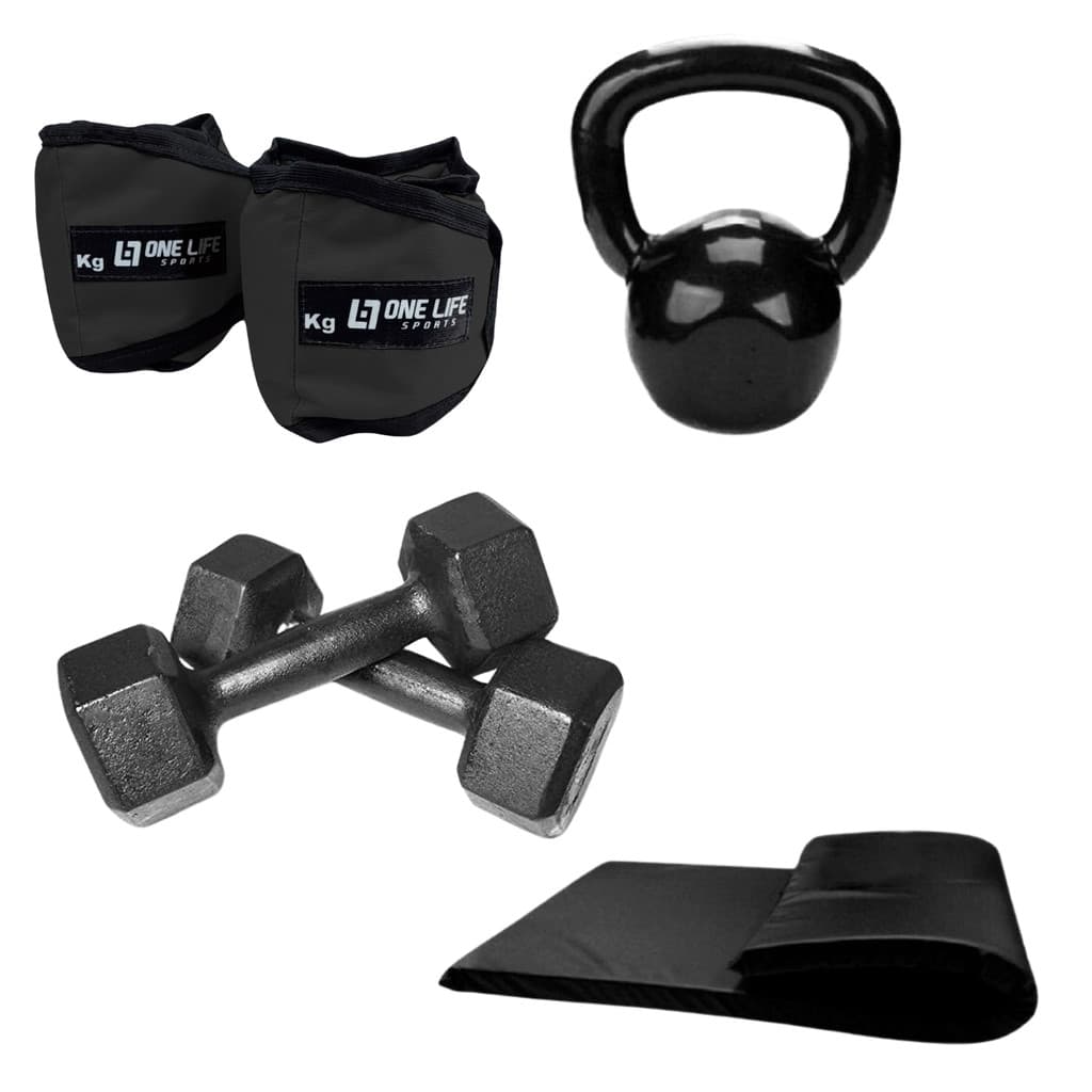 Kit Treino em Casa Academia C/ Peso - Par Caneleira 5kg + Par Halter 04kg + Colchonete + Kettlebell
