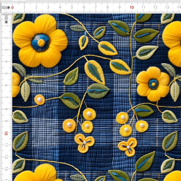 Tecido Tricoline Digital 3D Flores Amarela Xadrez Jeans Costura Artesanato Patchwork Pano Ateliê DIY