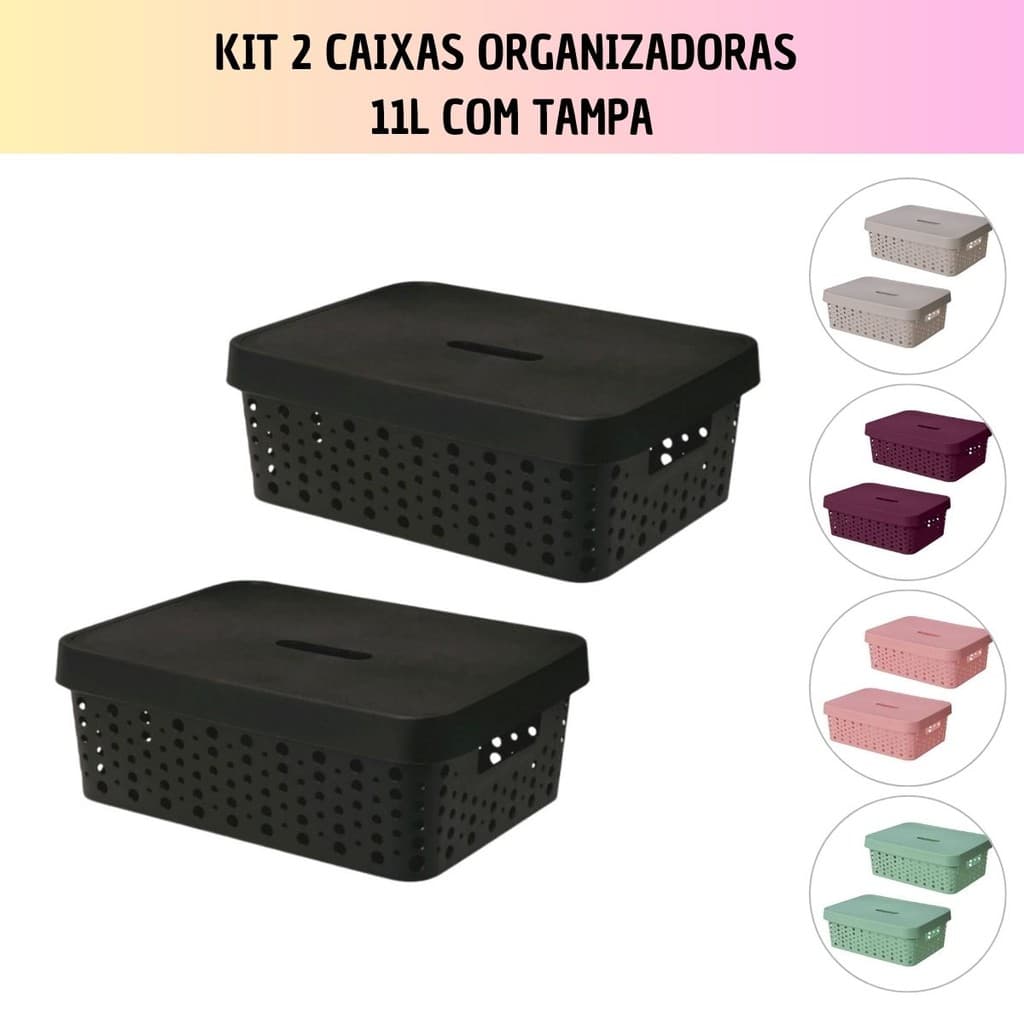 Kit 2 Caixas Organizadora com Tampa 11 Litros 36x27x12 Multiuso Organizador de Ambiente Gaveta