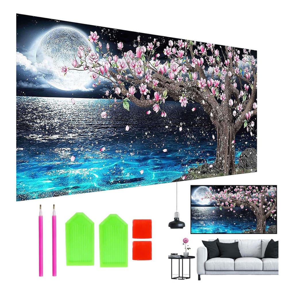 Conjunto de pintura diamante redondo 5d 70x40cm lagoa ao luar