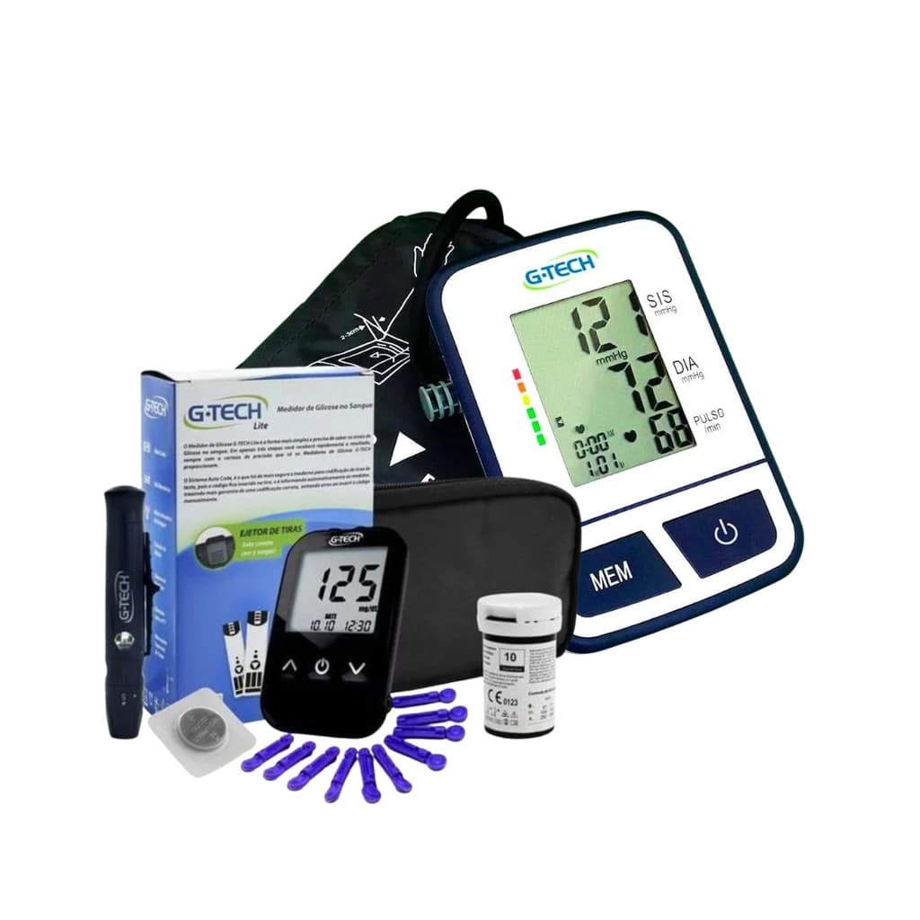 Kit Completo Aparelho de Diabetes Glicose e Fitas G.tech Lite + Aparelho de Pulso Pressão Arterial G.tech Lite