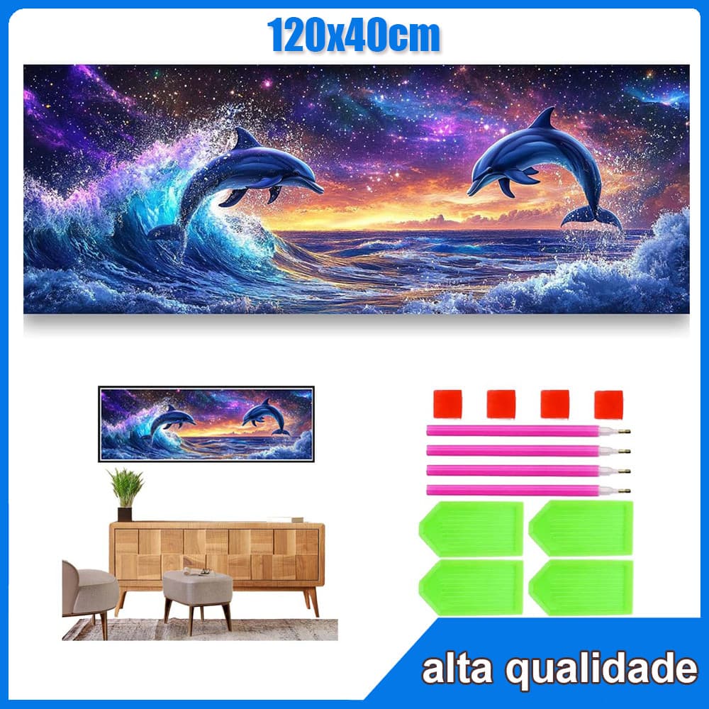 120x40cm Golfinhos coloridos Redondo Pintura Diamante 5D Pintura de Diamante Pintura Com Diamante A Óleo 5D DIY Pintad