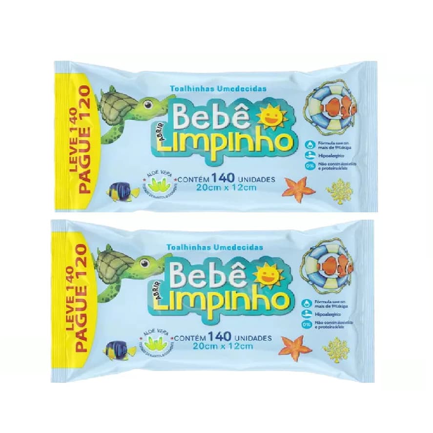 Kit 2 Unidades da Toalha Umedecida Bebê Limpinho Premium 140 Unidades