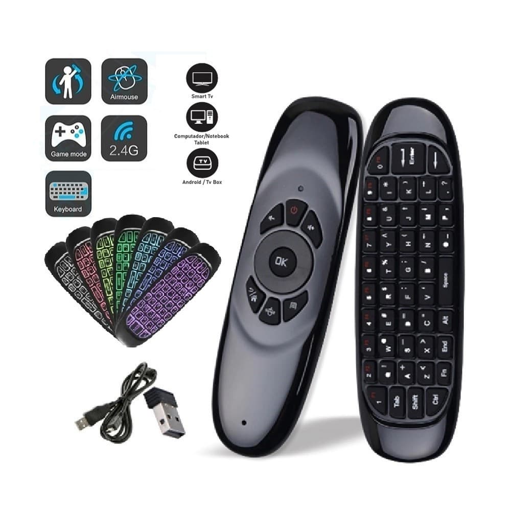 Mini Controle sem fio com Teclado Air Mouse S/fio 2.4 GHZ Wireles Com Luz Universal USB Smart BOX PC