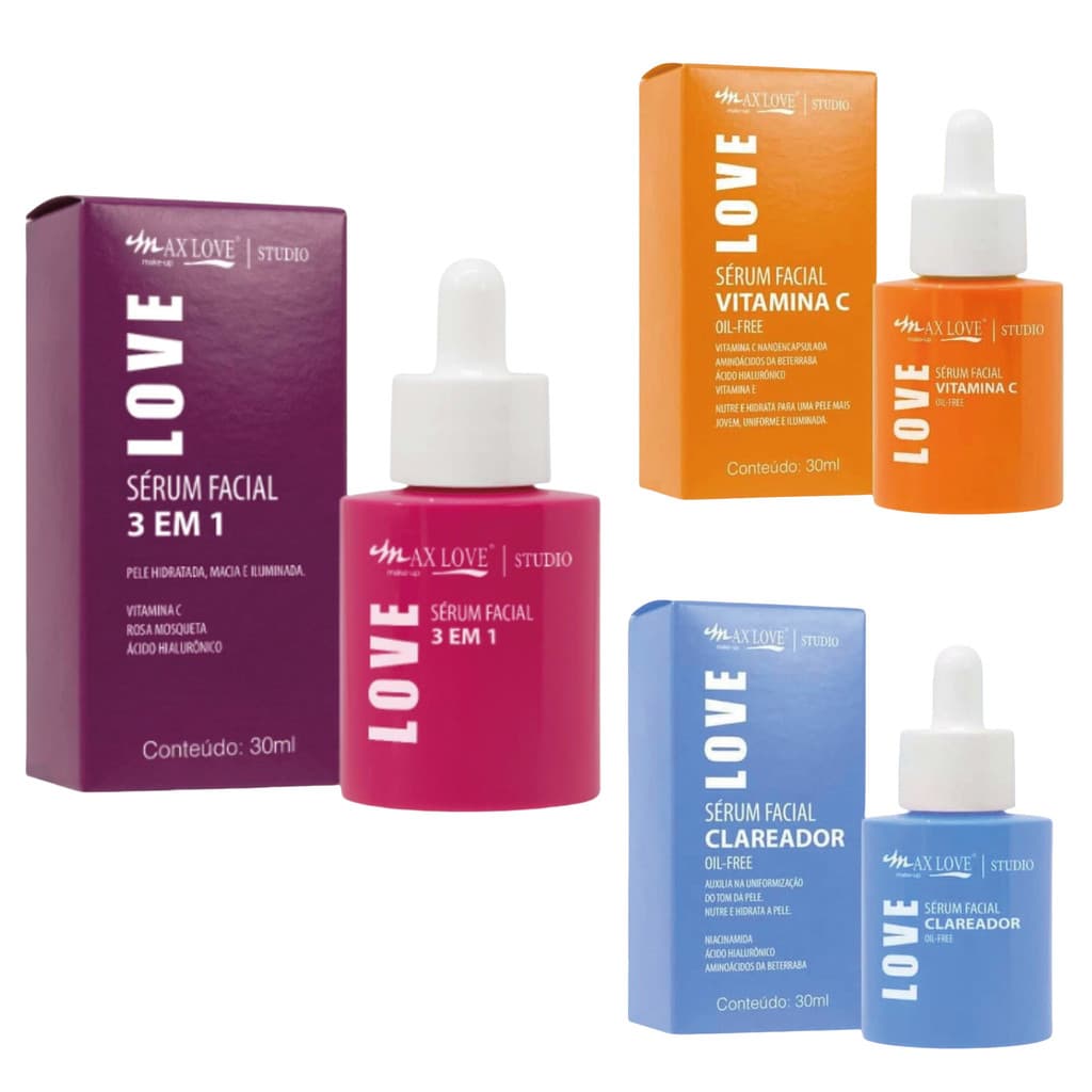 Sérum Facial MAX LOVE 30ml – 3 Opções: 3 em 1, Clareador, Vitamina C | Hidratação, Clareamento e Antioxidante