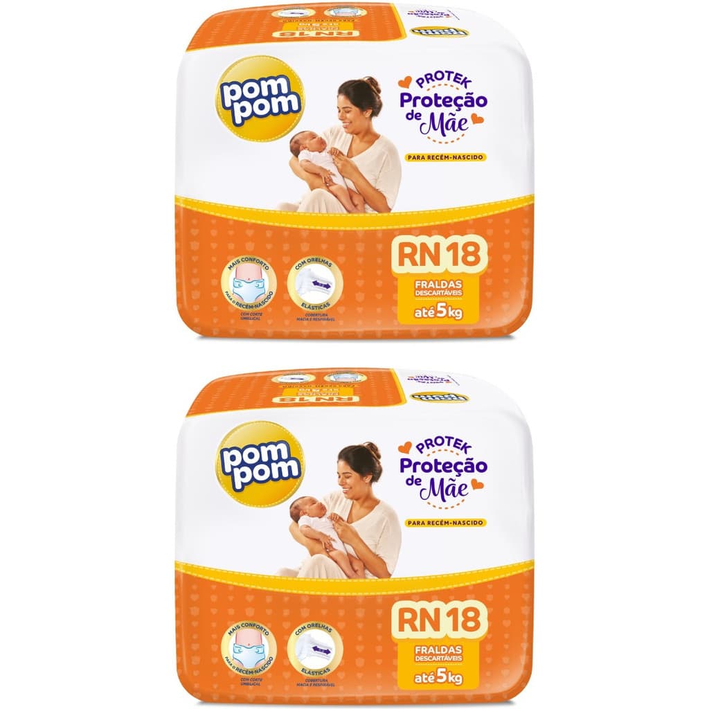 Kit 2 Pacotes Fralda Infantil Pom Pom Jumbinho – Tamanho RN (Total 36 Unidades)