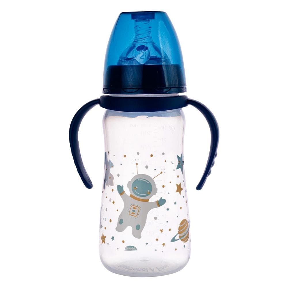 Mamadeira Anticólica Astronauta Azul Alça 330 ml Menino Infantil Bebê Plasútil