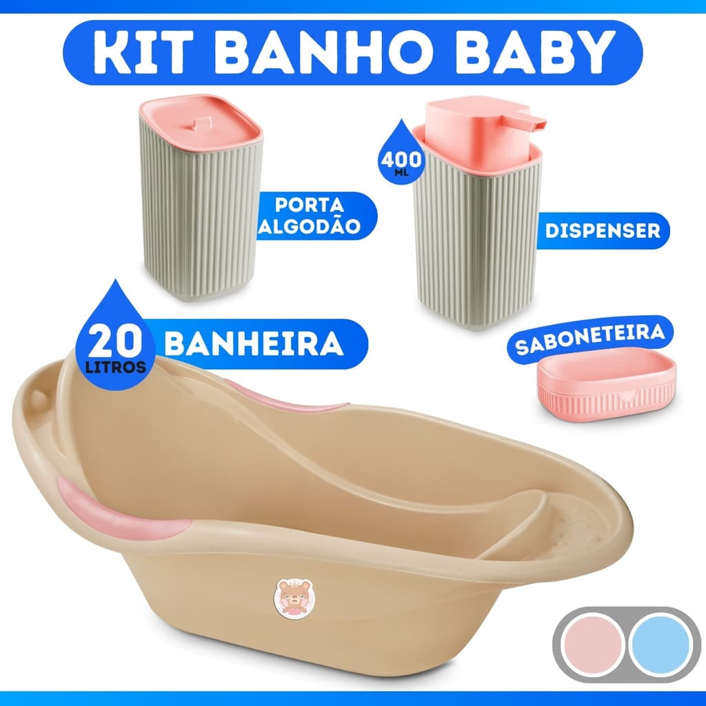 Kit Banho Infantil Completo Banheira Saboneteira c/ Tampa Dispenser Porta Algodão Bebê - KIT 4 PEÇAS