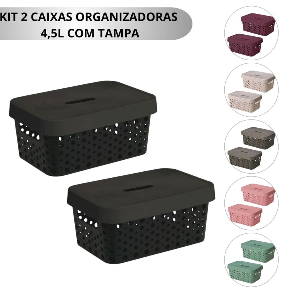 Kit 2 Cestos Organizadores com Tampa 4,5 Litros 26x18x11 Caixa Organizadora Multiuso Rattan