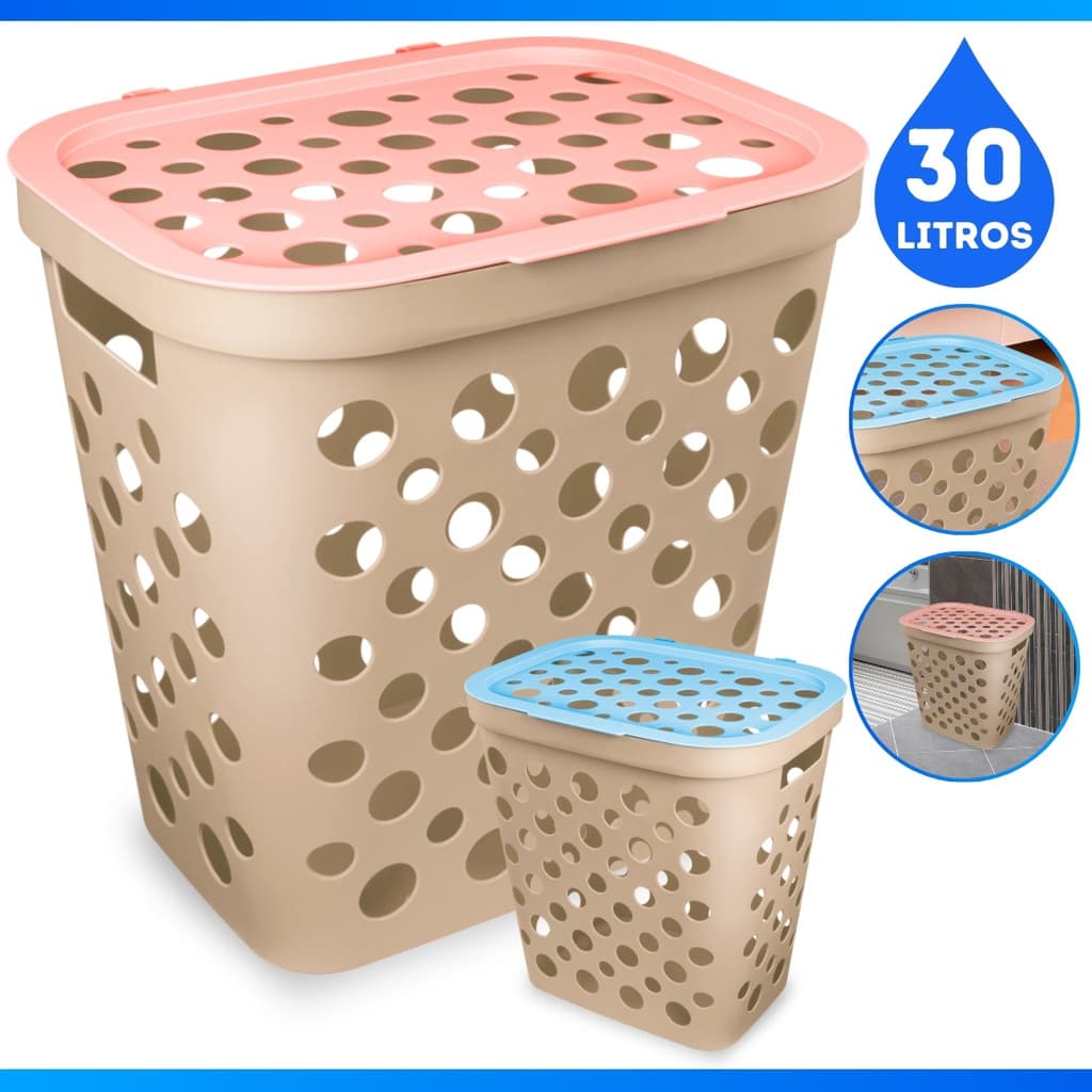 Cesto Telado 30 Litros C/ Tampa e Alça Baby Cesto de Roupa Suja Banheiro Bebê - PROMOÇÂO