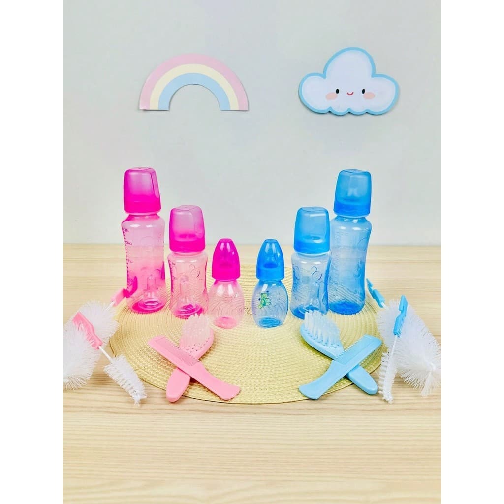 Kit c/7 Itens de Bebê 3 Mamadeiras + Kit pente/escova + Limpador de Mamadeiras