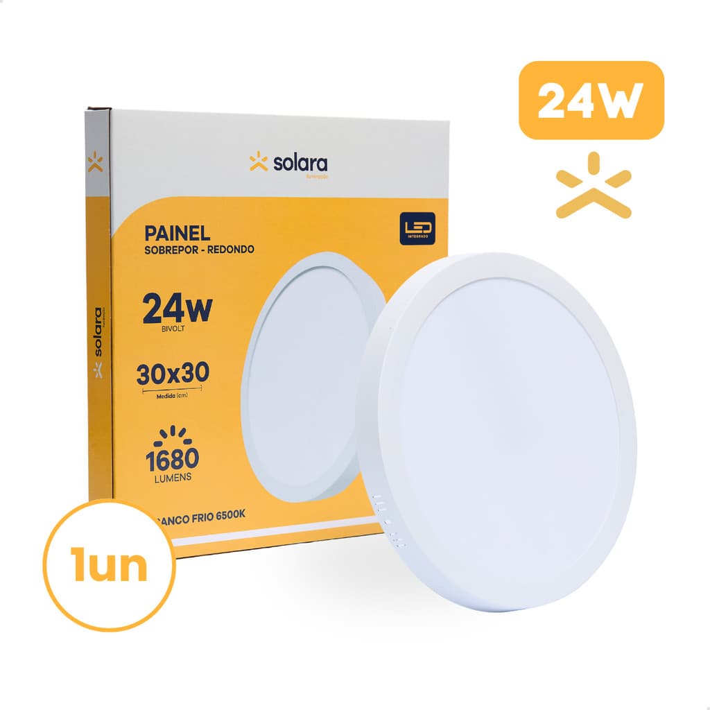 Painel Plafon LED 24W Redondo Sobrepor Lampada Luminária 30cm Alta Potência Luz Fria 6500K Solara