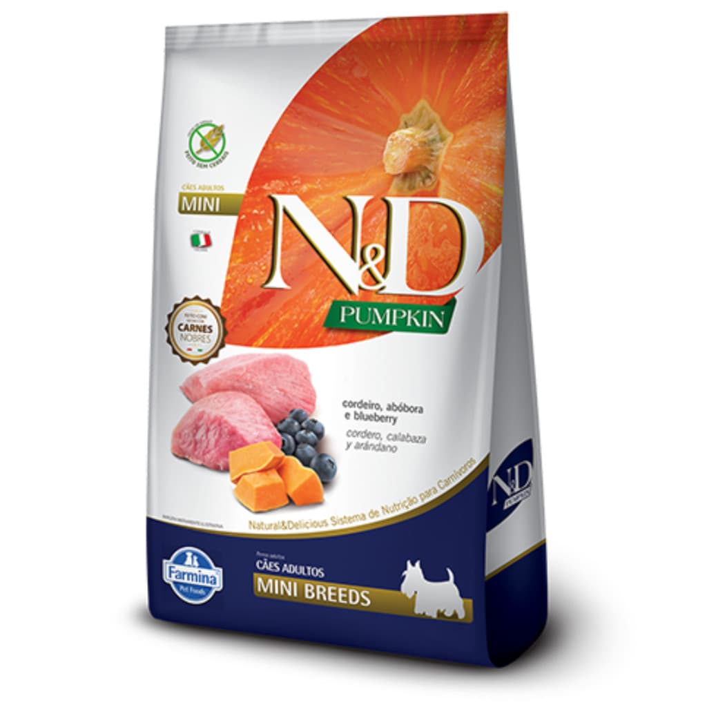 Ração N&D Pumpkin para cachorros adultos mini breeds cordeiro, abóbora e blueberry 800gr