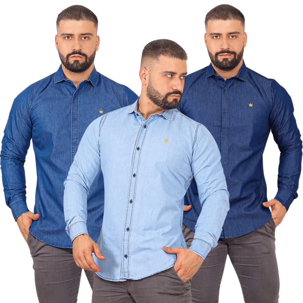 Camisa Jeans Masculina Social Manga Longa Moda Slim Fit Luxo P M G GG