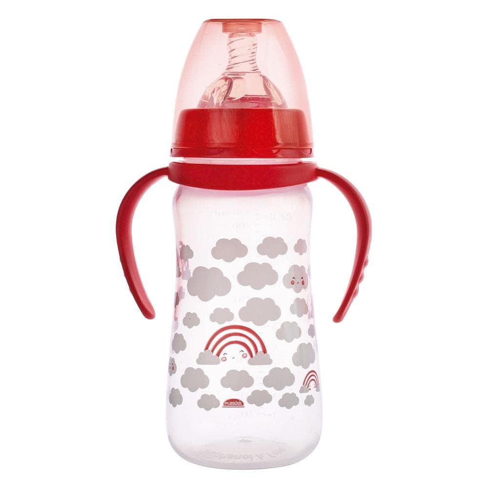 Mamadeira Anticólica Arco íris Rosa Alça 330ml Menina Infantil Bebê Plasútil