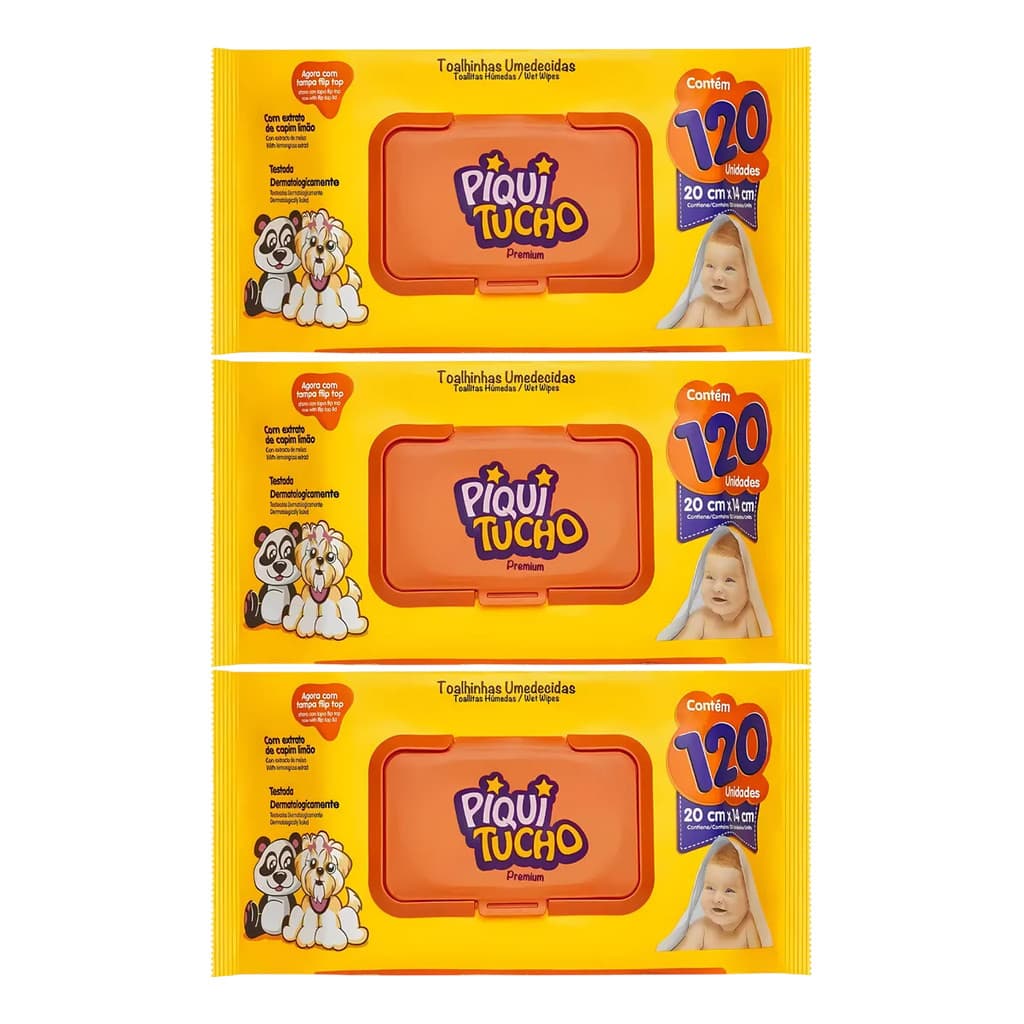 Kit 3x Toalhas Umedecidas Piquitucho Premium 120 U