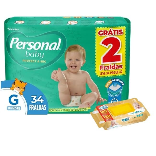 Kit higiene bebê Fralda Personal Protect & Sec G c/ 34 fraldas e Lenço Umedecido Upa Bebê