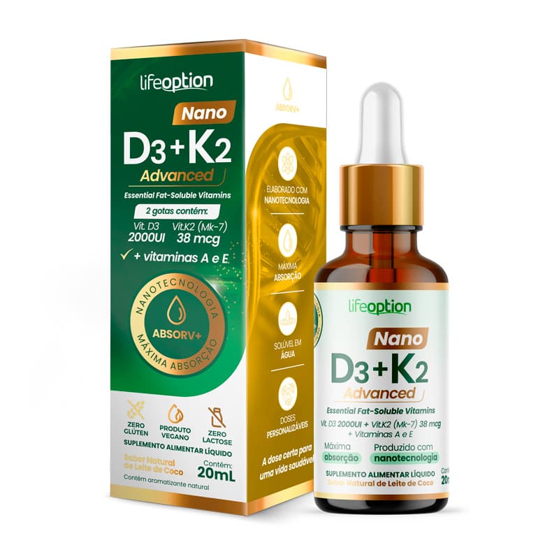 Nano D3+K2 Advanced | Suplemento Sublingual com Vitamina D3, K2, A e E | Absorção 10x mais eficiente