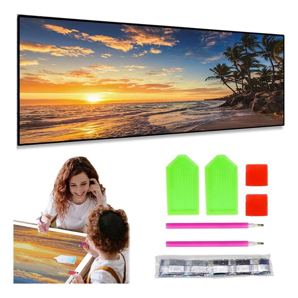 Kits de pintura de diamante DIY de 120x40cm, kits de pintura de diamante 5D para adultos/crianças, Pôr do sol na praia