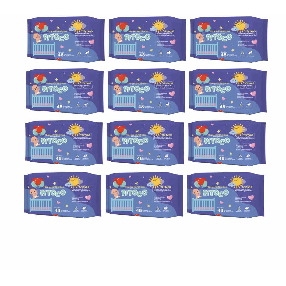 Kit com 12 Pacotes de Toalhas Umedecidas Pitoco - 48 folhas 98% Água - Vegano