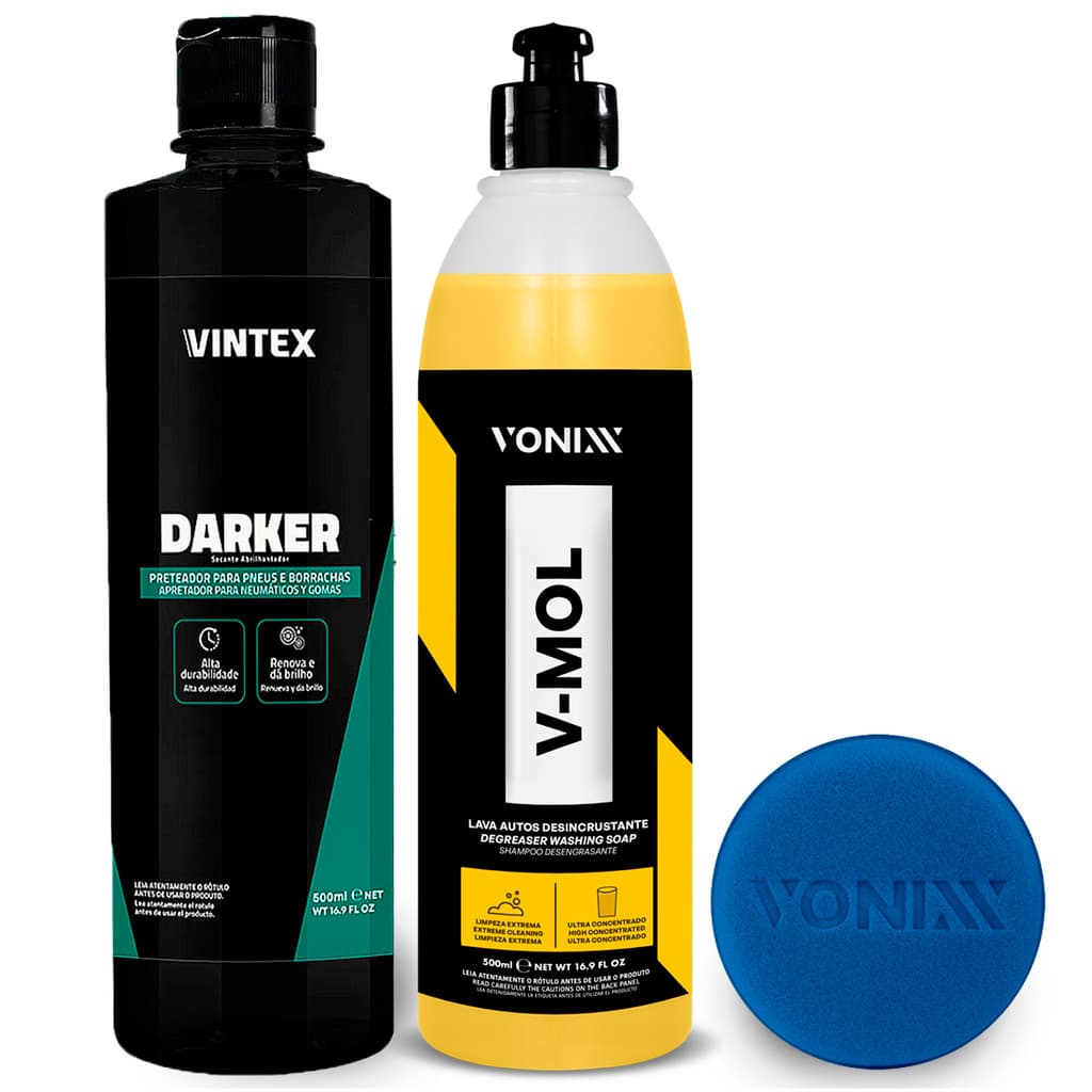 KIT Shampoo Automotivo Vonixx V-Mol 500ml Lava Autos Carro + Darker Pretinho Carro Moto Preteador Pneus Borrachas