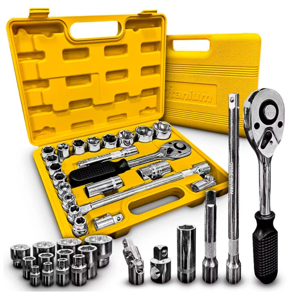 Kit Jogo De Ferramentas 22 Peças Chave Catraca Soquetes Sextavado 10 A 32mm 1/2Pol. Em Aço Cr-V
