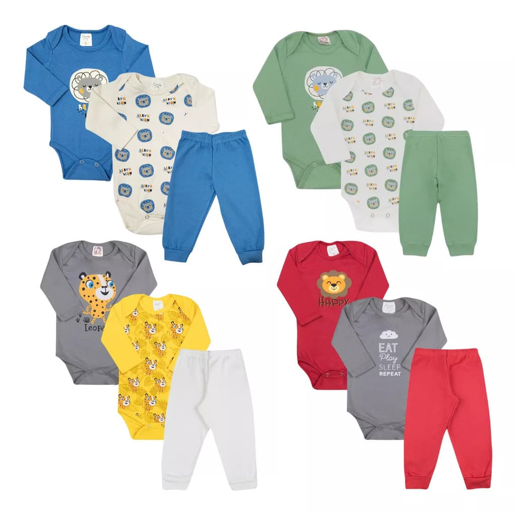 Kit Roupa de Bebê Menino Enxoval Body Bebê Menino – 12 Peças Body Longo + Mijão Algodão