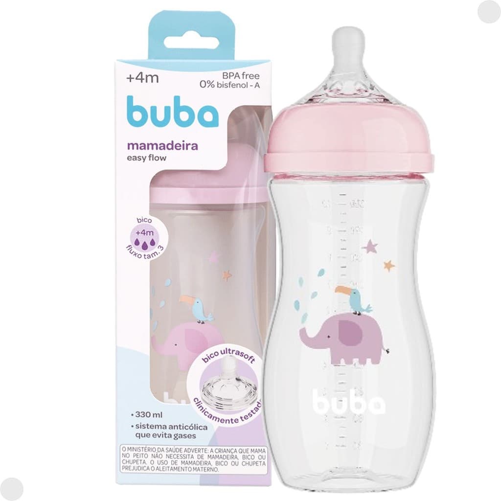 Mamadeira Easy Flow Anti cólica 330ML Elefante Rosa Livre BPA 17251 - Buba