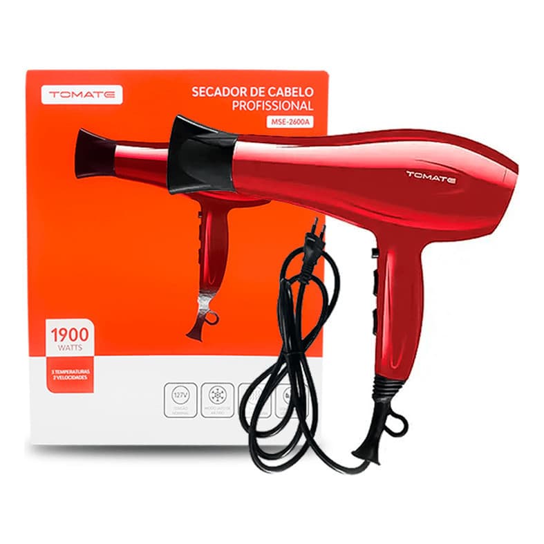 Secador de Cabelo  Profissional 1900W com 2 Velocidades 110V 220V  Seca Rápido Tomate 2600A