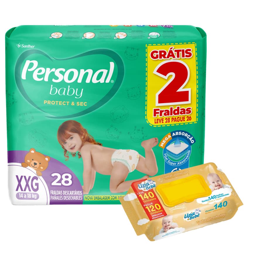 Kit higiene bebê Fralda Personal Protect & Sec XXG c/ 28 fraldas e Lenço Umedecido Upa Bebê