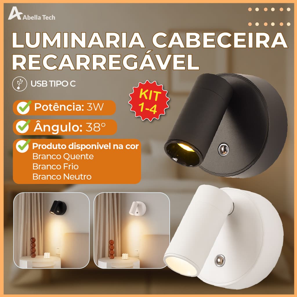 Arandela Spot Luminária Cabeceira Recarregável Led Redonda 3W com 3 Tons de Luz Bivolt