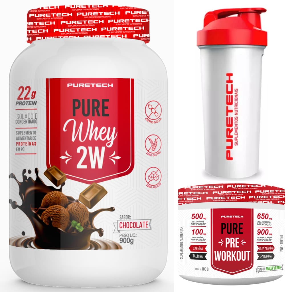 Combo Whey Protein Delicioso 2W 900g + Pré Treino 100g + Coqueteleira - PURE TECH Suplementos