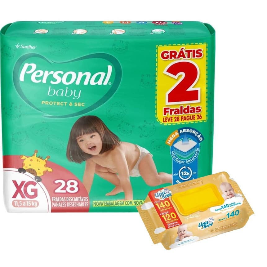 Kit higiene bebê Fralda Personal Protect & Sec XG c/ 28 fraldas e Lenço Umedecido Upa Bebê