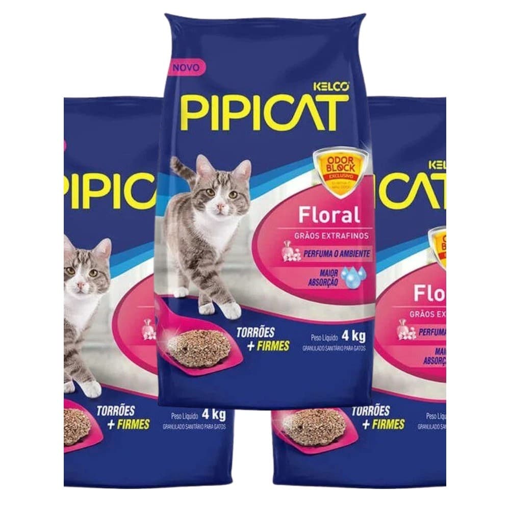 Kit 3 Areia Sanitária Para Gatos Kelco Pipicat Floral 3 Unidades 4kg