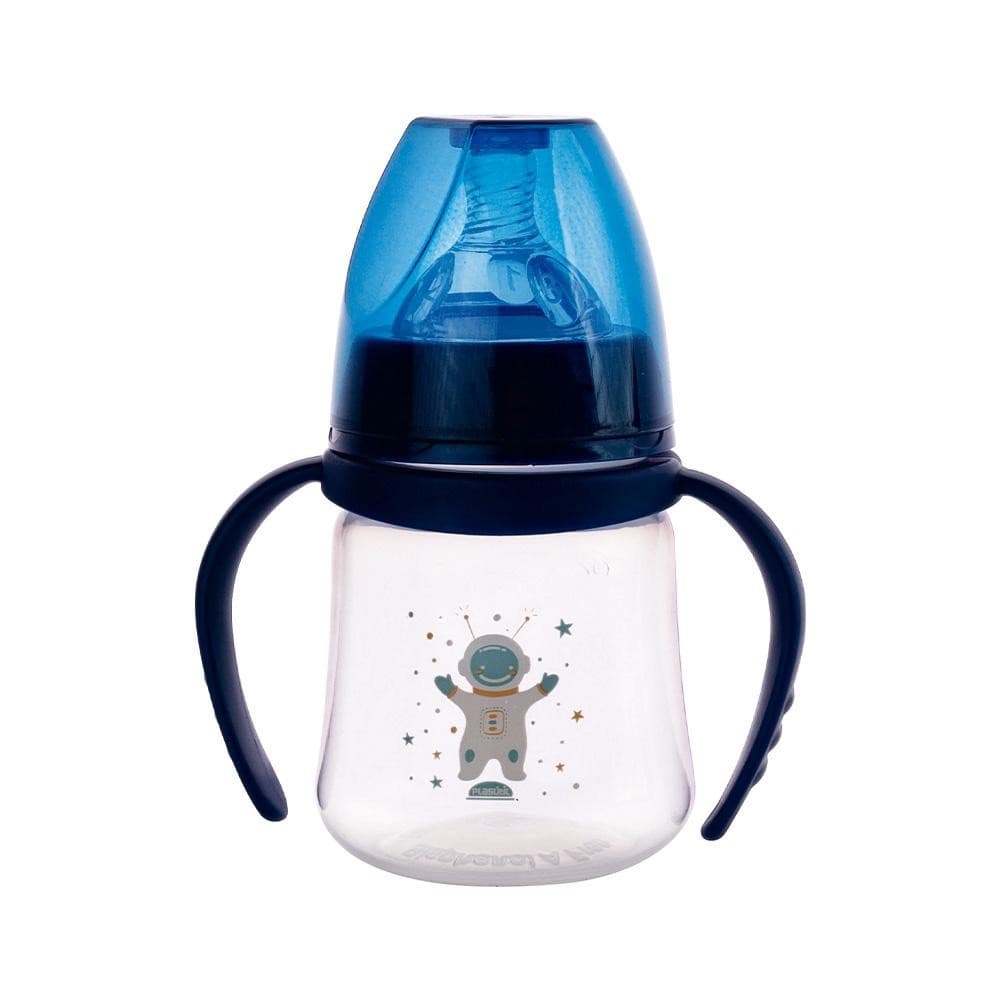 Mamadeira Anticólica Astronauta Azul Alça 150ml Menino Infantil Bebê Plasútil