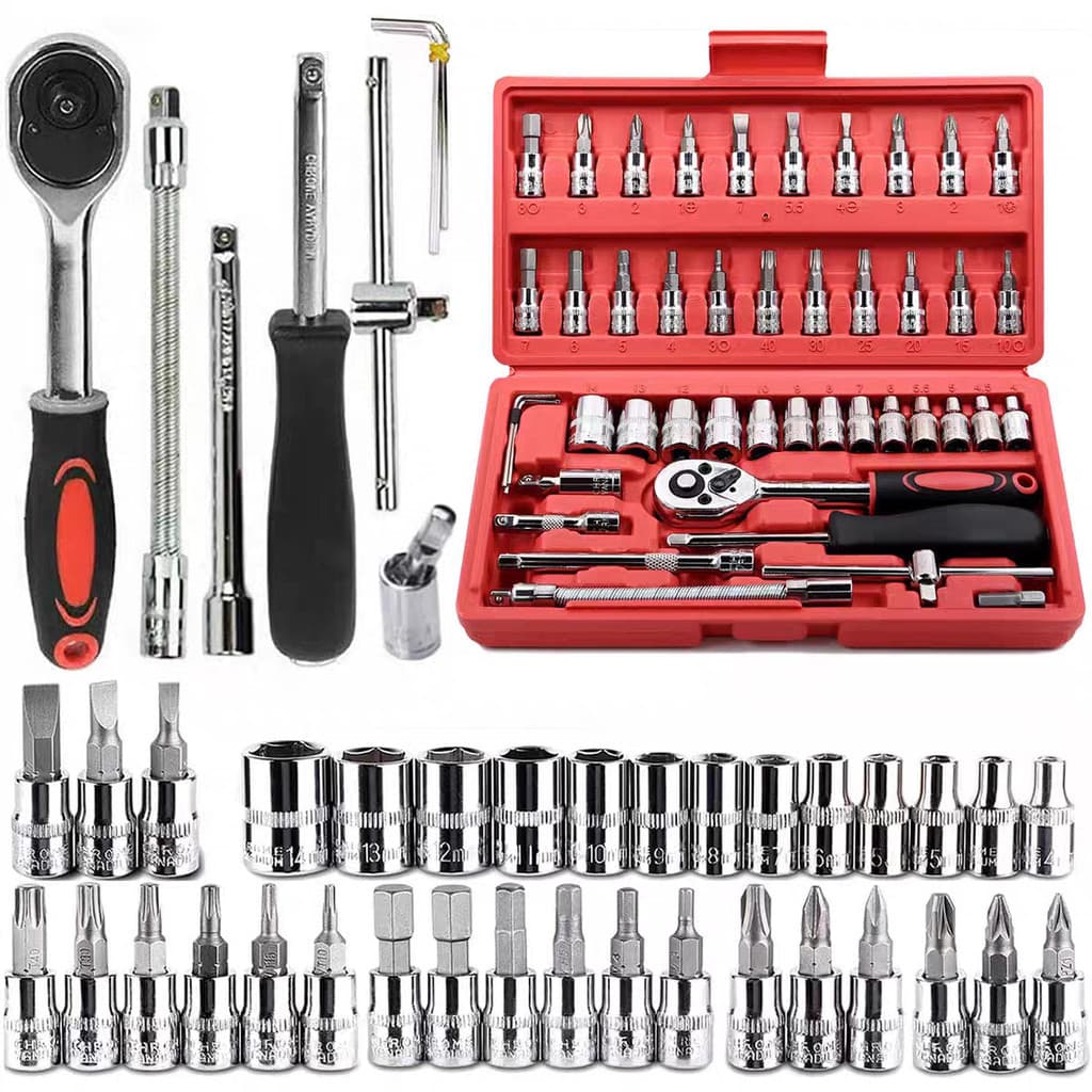 Kit de Ferramentas 46 Peças, Jogo de Soquetes com Chave Catraca Reversível e Maleta