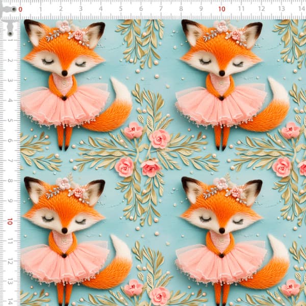 Tecido Tricoline Digital 3D Raposa Bailarina Costura Artesanato Patchwork Pano Ateliê DIY