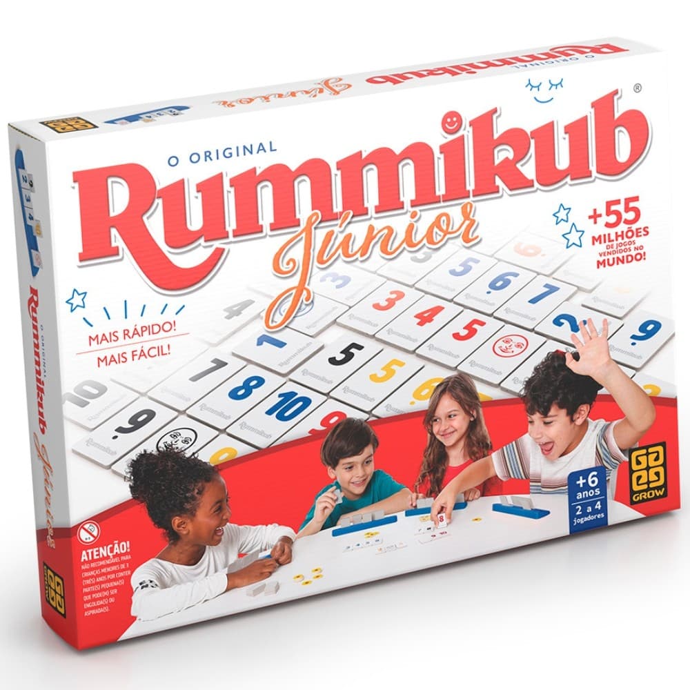 JOGO DE TABULEIRO RUMMIKUB JÚNIOR GROW BRINQUEDO DE MESA FAMÍLIA DIVERSÃO ESTRATÉGIAS DESAFIO PEDRAS