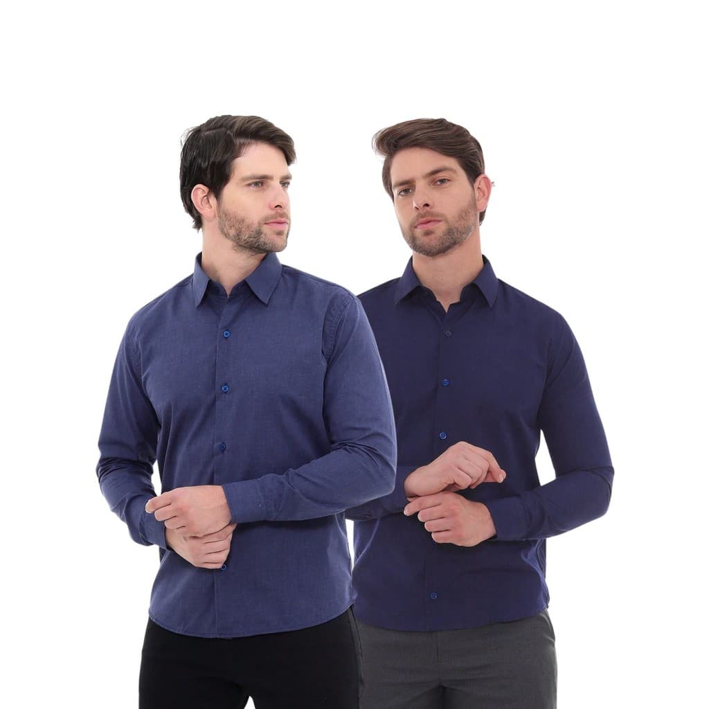 KIT Masculino 2 Peças - Camisa Social Premium Tipo Linho Azul Marinho e Camisa Social Slim Azul Marinho