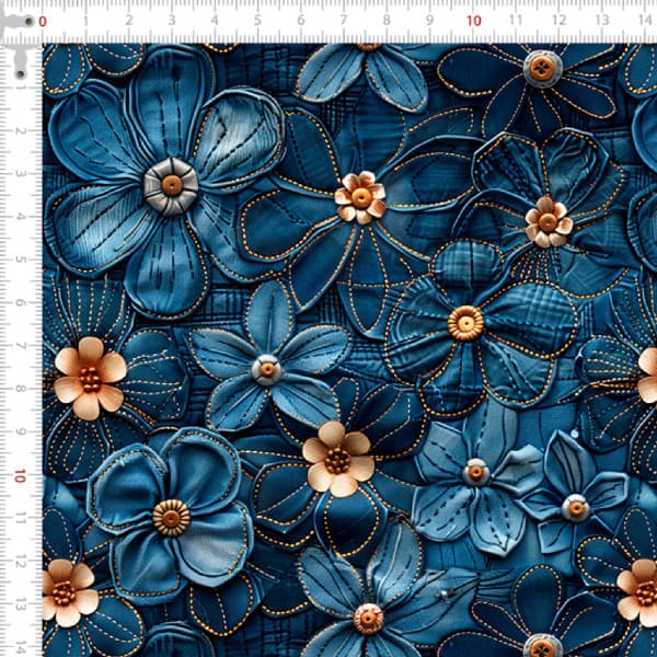 Tecido Tricoline Digital 3D Flores Jeans Costura Artesanato Patchwork Pano Ateliê DIY