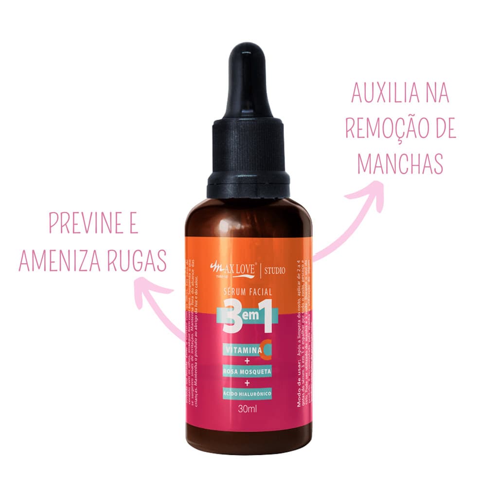Sérum Facial Max Love 3 em 1 - Vitamina C + Rosa Mosqueta + Acido Hialurônico Skin Care