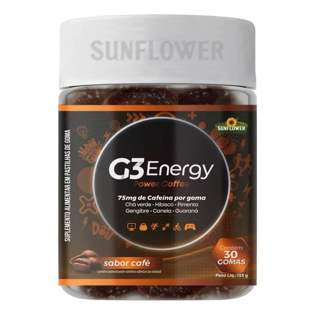G3 Energy Power Coffee pré-treino e termogênico c/ 75mg de cafeína 30 gomas Sunflower